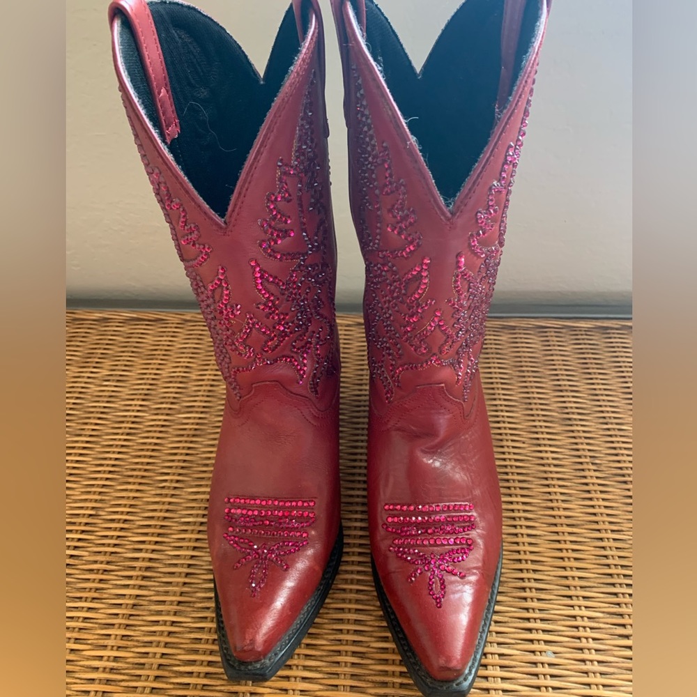 Red Cowboy Boots up cycled with Czech rhinestones!